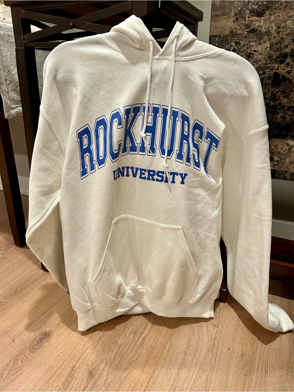 NEW Gildan White Crewneck Hoodie with Blue "ROCKHURST UNIVERSITY" Graphic